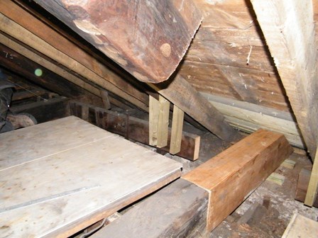 The ends of the trusses affected by wet rot were removed, and new timbers spliced on, at Falkirk, Stirlingshire, Scotland