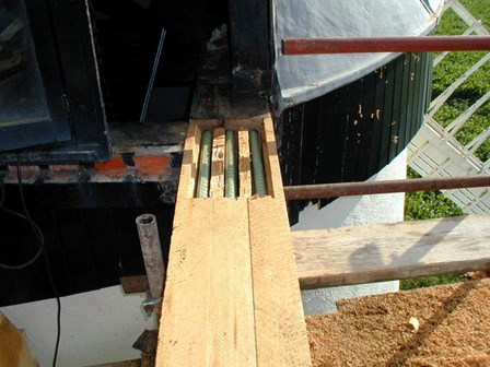 The new timber beam resin spliced onto the existing beam; with the wood rot removed, at Millisle, Co. Down, Northern Ireland