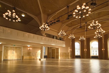 The finished hall, after woodworm and wet rot was eradicated, and trusses repaired by timber resin splice, at Portrush Town Hall, Portrush, Co. Antrim, Northern Ireland