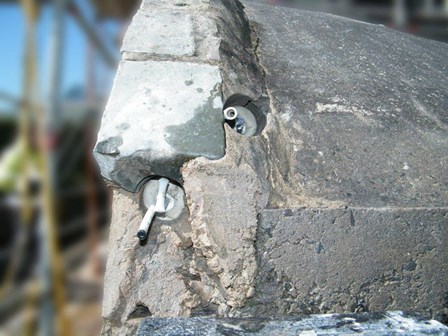 Cintec anchor used to repair fracture cracks in stone, at Ballynahinch, Co. Down, Northern Ireland