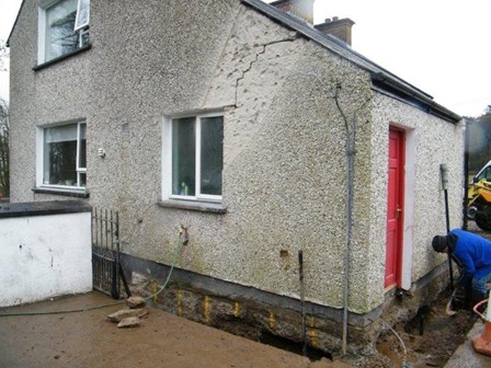 Stepped crack in the wall, caused by settlement and subsidence, at Ballykelly, Co. Derry, NI