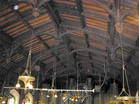 Detail of the existing ceiling and roof, which was treated with boron preservatives and insecticide, to eradicate wet rot, dry rot and woodworm at The Guildhall, Londonderry, NI