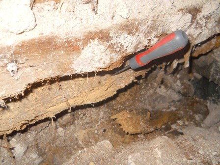 A probe is easily inserted into the decayed timbers, showing the extent of the wood rot, at Co. Armagh, Northern Ireland, NI