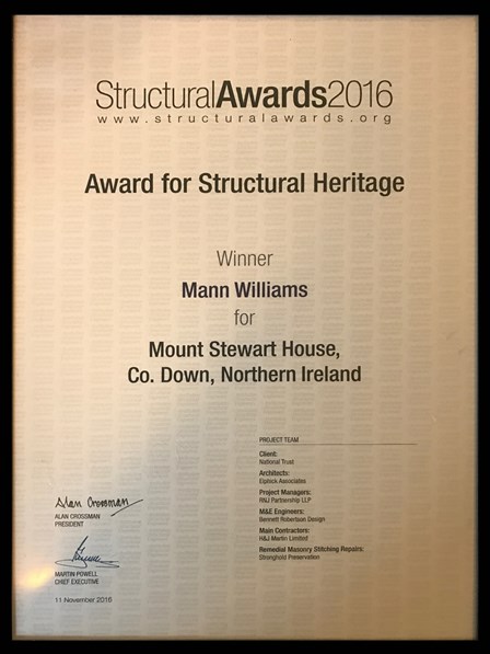 The Structural Awards 2016 Certificate for Structural Heritage, with Stronghold Preservation give a formal mention
